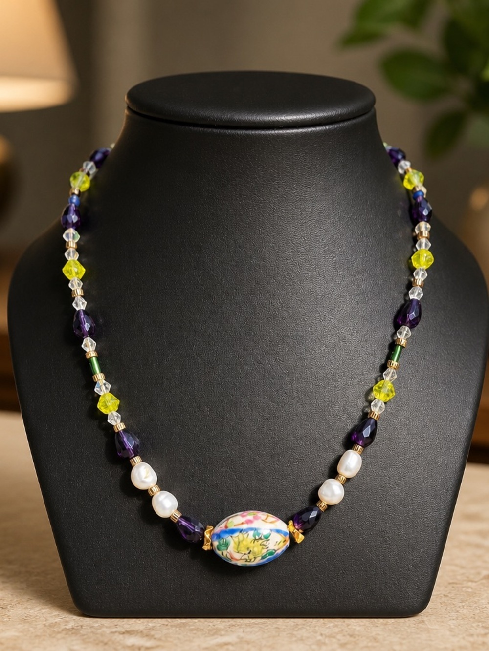 Hand-Painted Floral Bead Necklace in Purple & Yellow - Women Jewelry